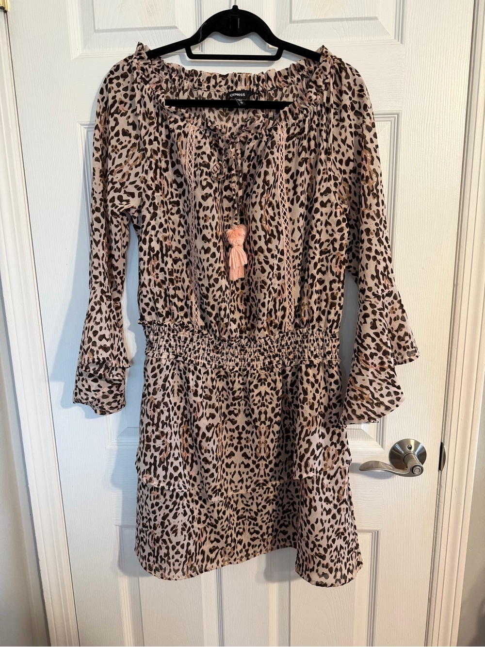 Express Pink and Black Leopard-Print Smocked Waist Dress